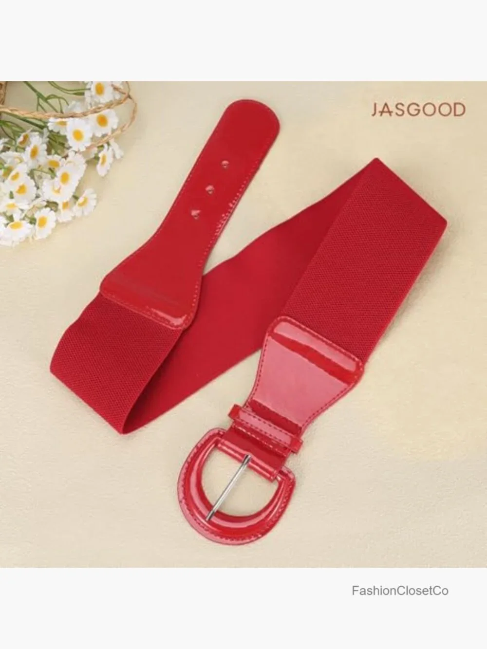Wide Stretch Belt, Vintage Chunky Buckle Elastic Patent Leather Belt for Dress